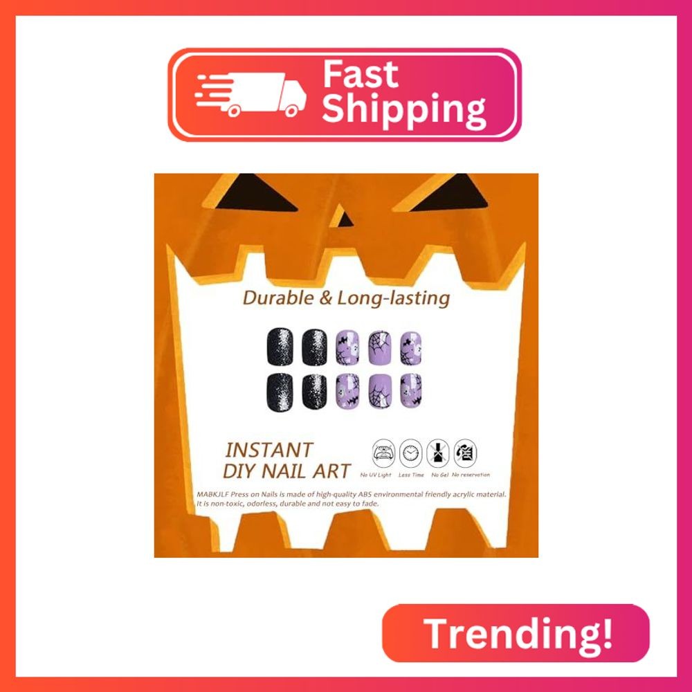 Halloween Press on Nails Short Square Fake Nails Purple Full Cover Spider Web Fa