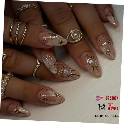 3D Boho Stars Gold Press On Nails Almond Medium 30 Pieces (Pack of 1) Q-1029