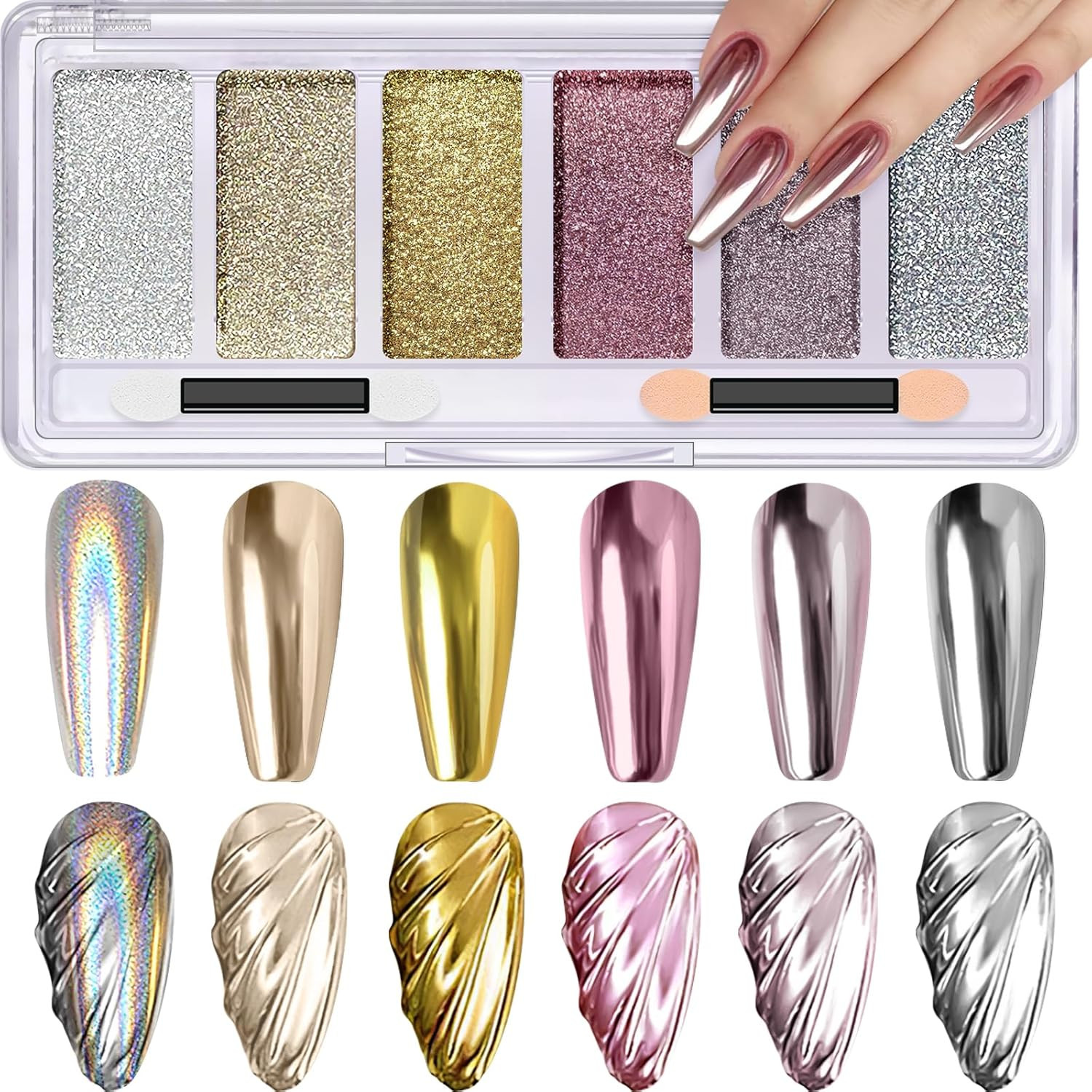 Gold Silver Chrome Nail Powder, 6 Colors Metallic Mirror Effect Pink Light Purp