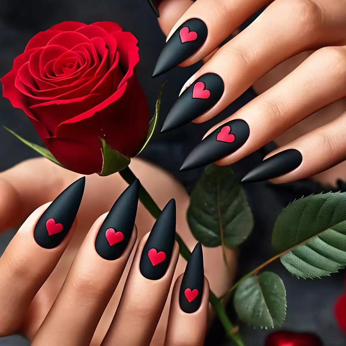 24pcs Black Almond Red Heart Rose Press On Nails