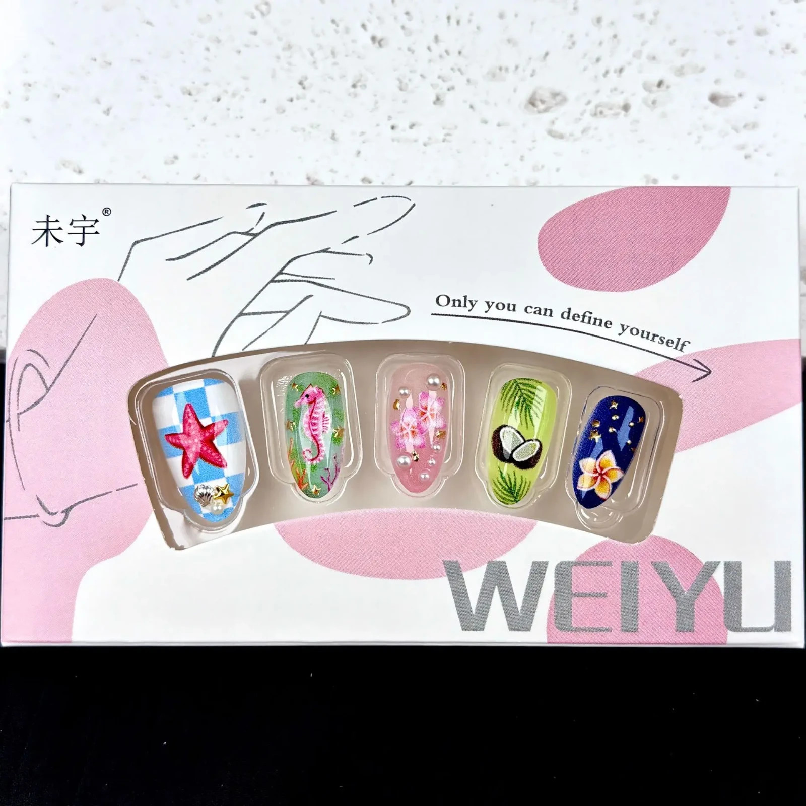 24PCS Summer Beach Press On Nails Almond Starfish Turtle Tropical Fake Nails