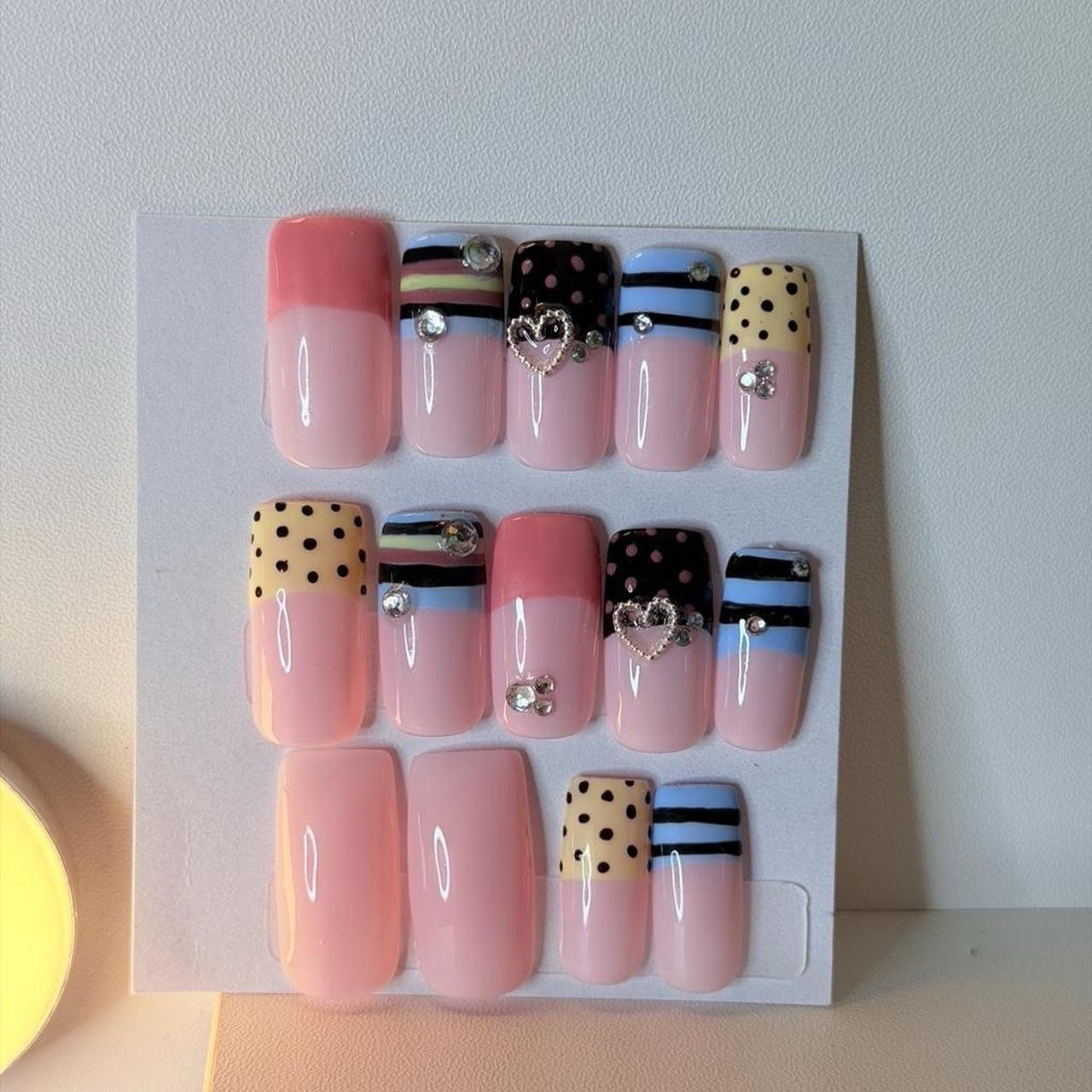 Press-On Nails Pink Black Yellow Blue 3D Medium Square Polka Dot Heart Acrylic
