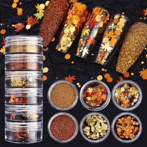 6-Grids Fall Maple Leaf Nail Art Glitter Sequins 3D Holographic Gold Orange