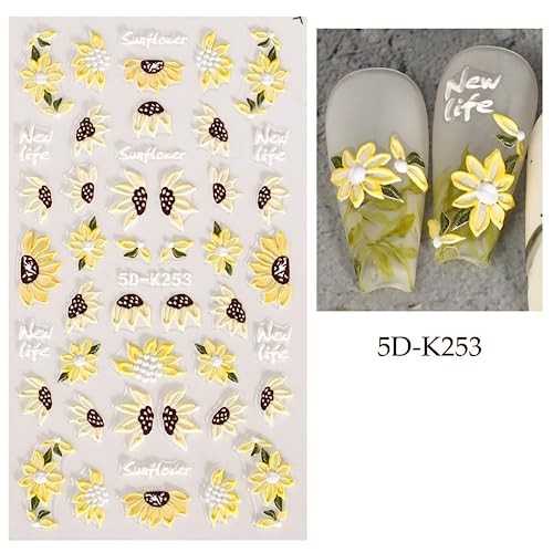 5D Nail Art Stickers Self-Adhesive Flower Decals Engraved Embossed Sunflower