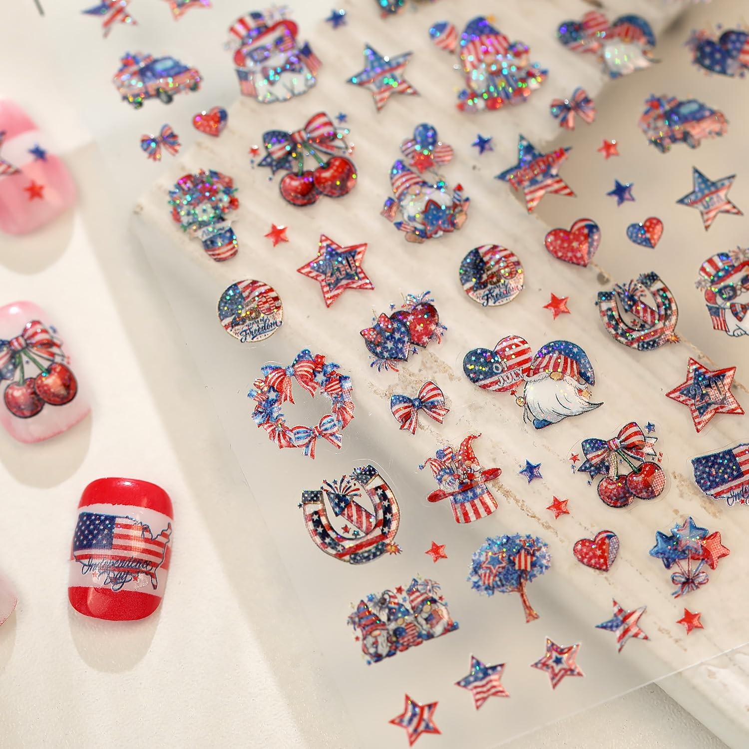 4th of July 5D Embossed Nail Art Stickers Cute Gnome Cat Nail Decals Patrioti…