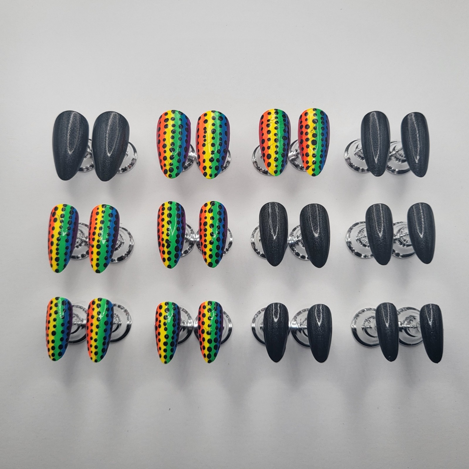 Handmade Rainbow Stripe Press On Nails Medium Almond Black Shimmer | Tempo