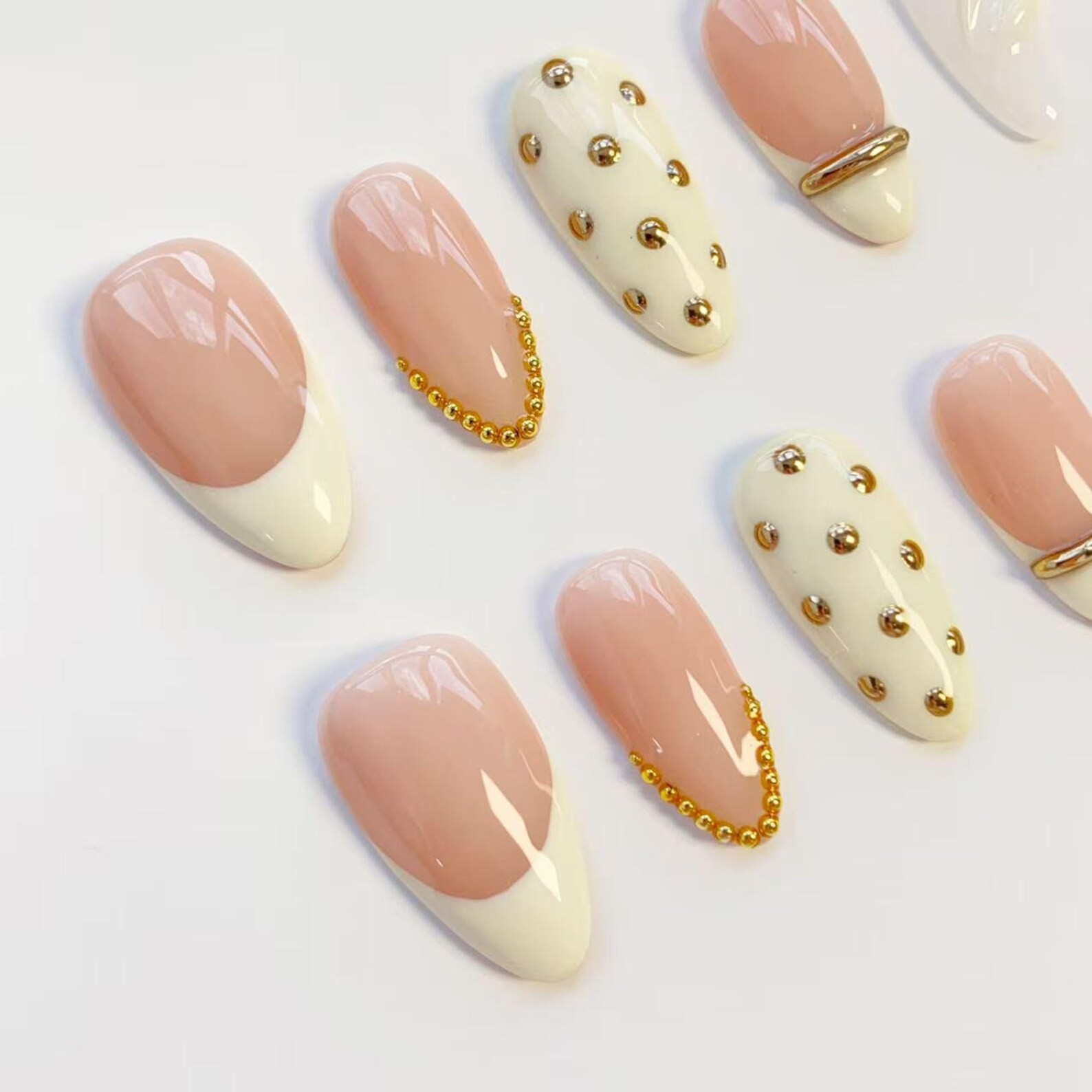 Handmade Nude White French Gold Bead Chain Medium Almond Press on Nails