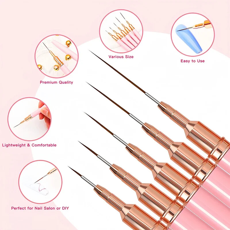 New 7/9/11/15/25mm Nail Liner Brush Set Drawing Lines Stripe Painting Flower Pen