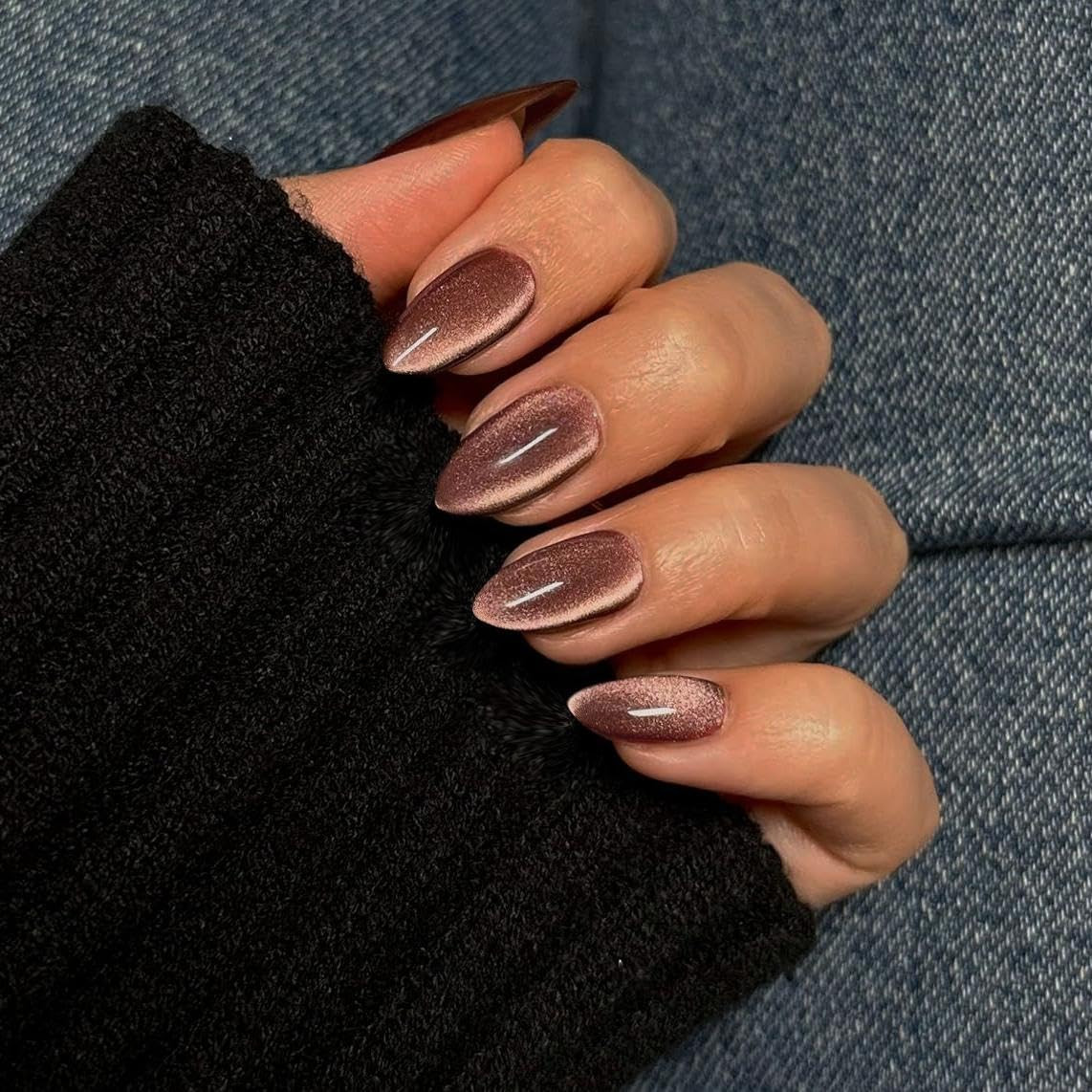 Cat Eye Press on Nails Short – Light Brown Press on Nails Almond Shape, Glitter