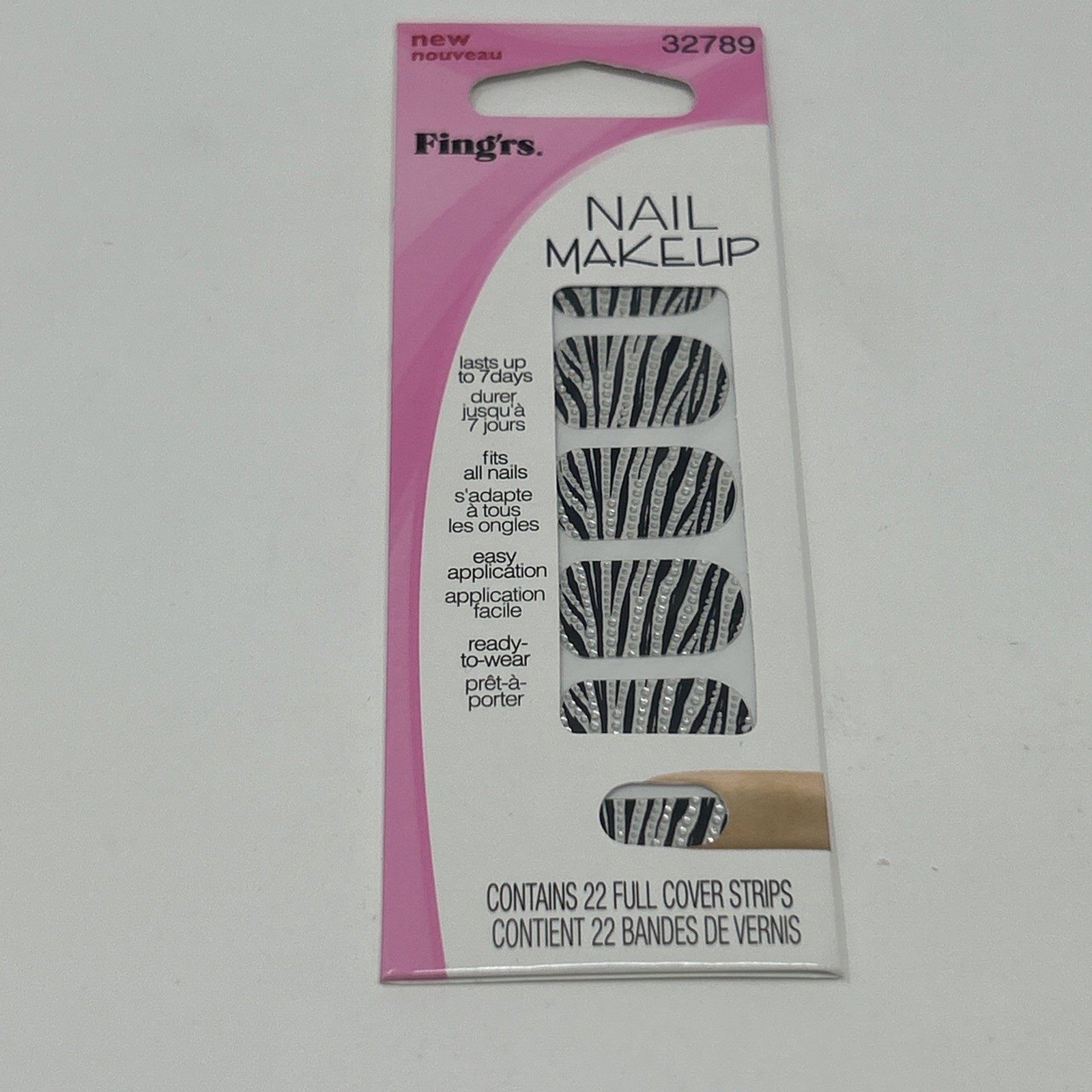 NEW Fing’rs Nail Makeup Art Stickers Black & White Zebra Stripe W/ Bling #32789