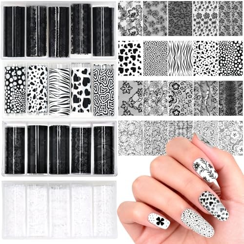 20 Rolls Lace Nail Foil, 4 Boxes Black and White Nail Art Foil Decals Style 1