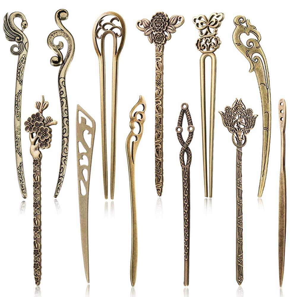12 Pieces Chinese Women Hair Sticks, AUHOKY 12 Styles Vintage 12Pcs,Bronze