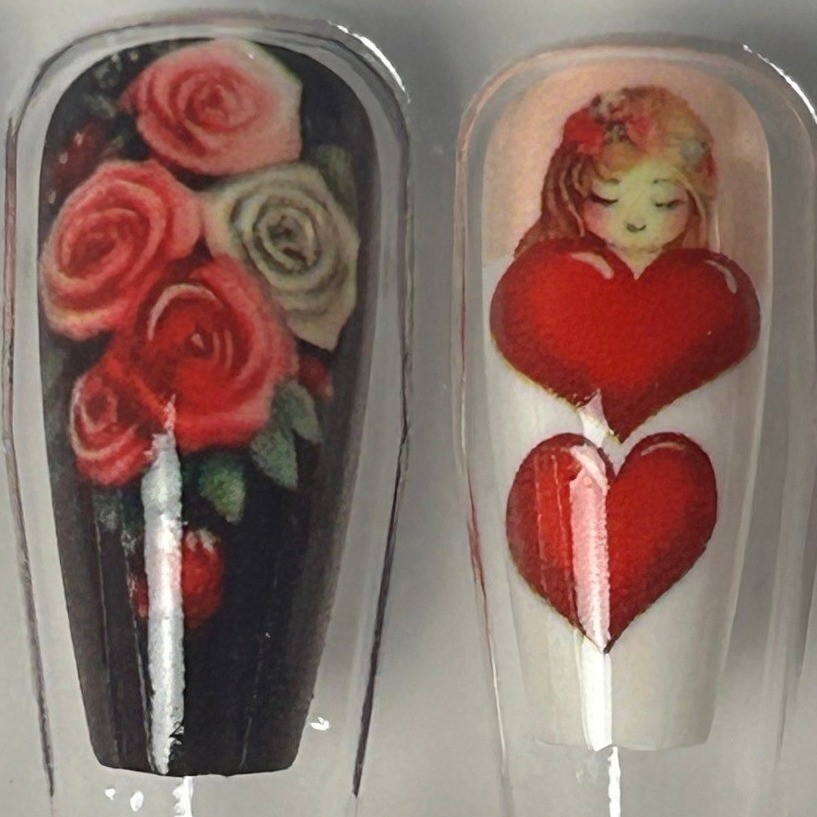 24Pc Glossy Heart Rose Press On Nails Coffin Ballerina Full Cover Reusable