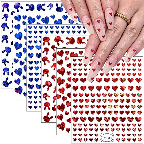 6 Sheets Heart Nail Art Stickers, Valentine’s Day Nail Decals 3D Self Design 20