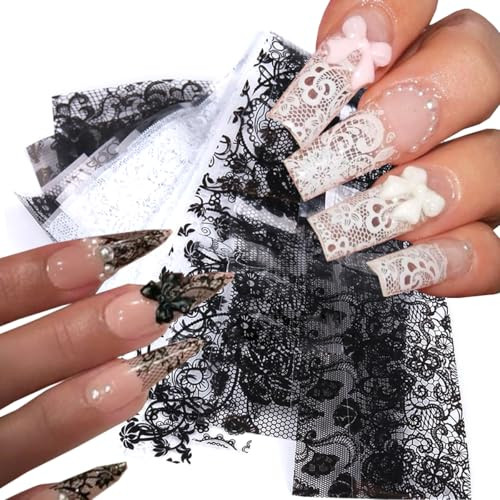Holographic Nail Foil Transfer Stickers Black White Lace Laser Foils for kit –