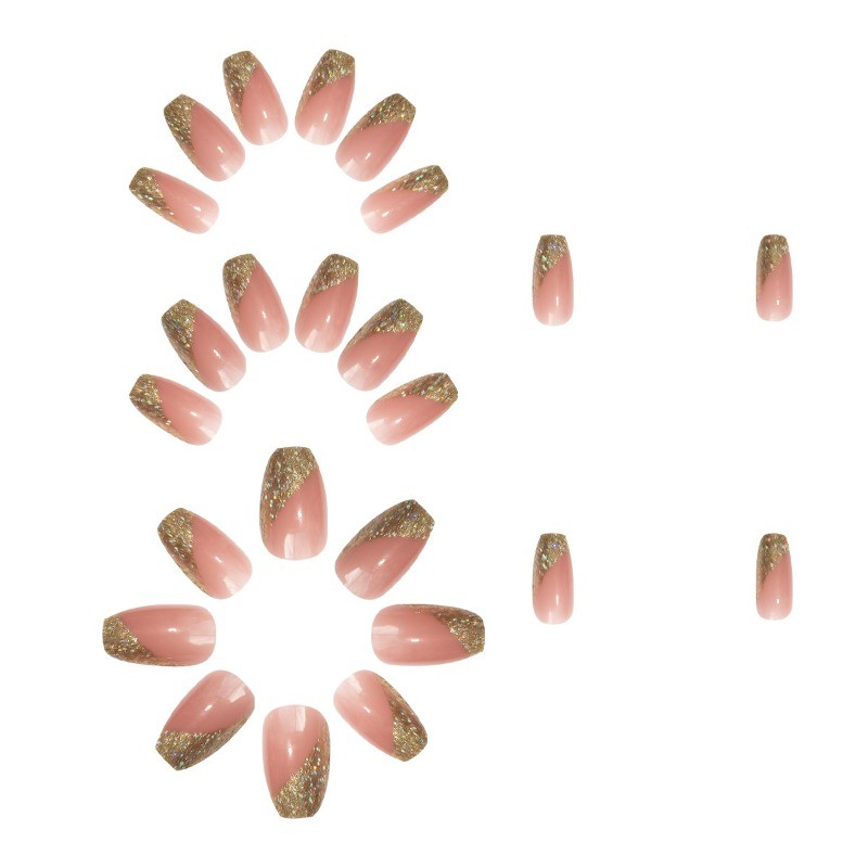 72Pcs-Short Square Peach Glitter French Tip Art Design Press on Nails