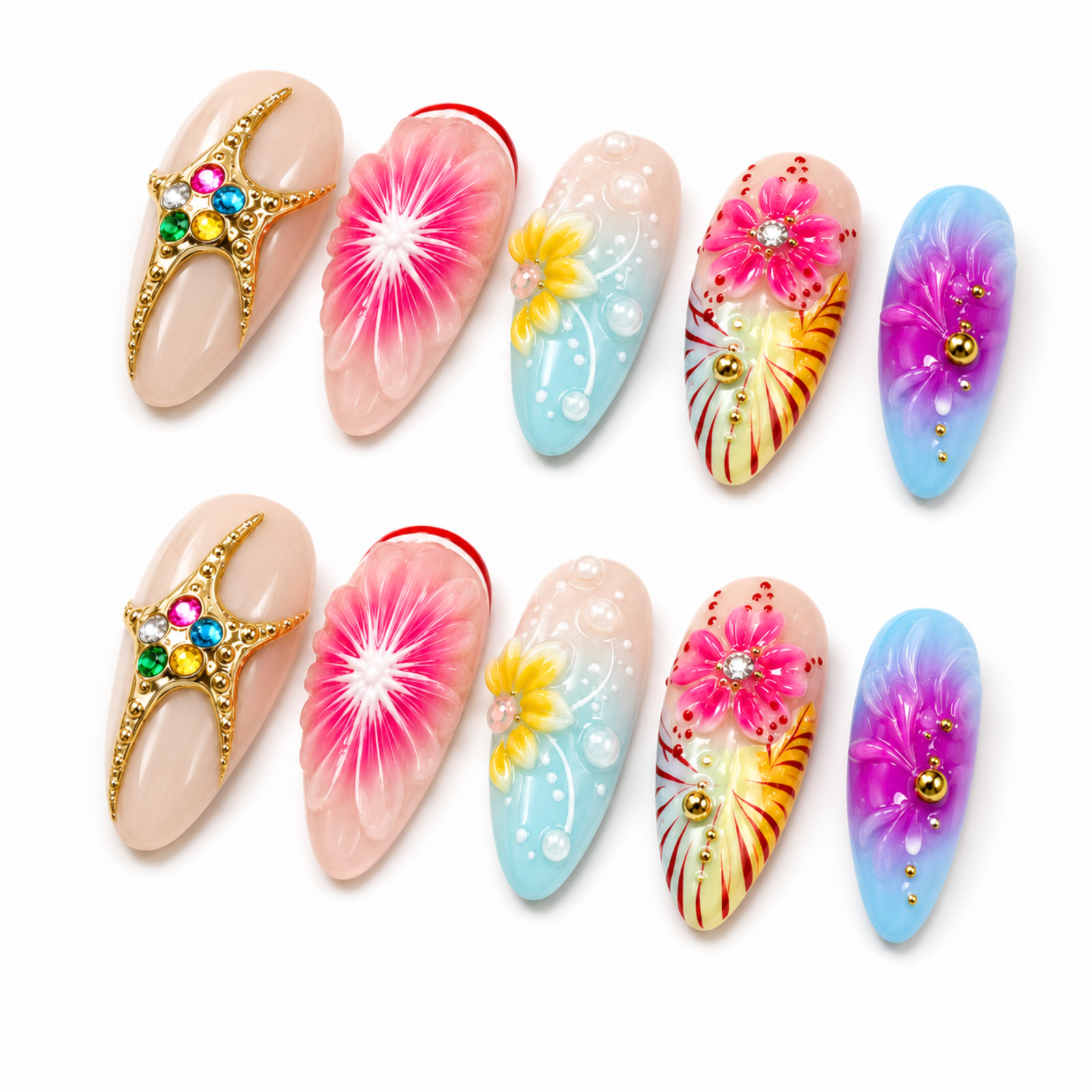 Handmade 3D Floral Starfish Press On Nails Summer Ocean Nail Set