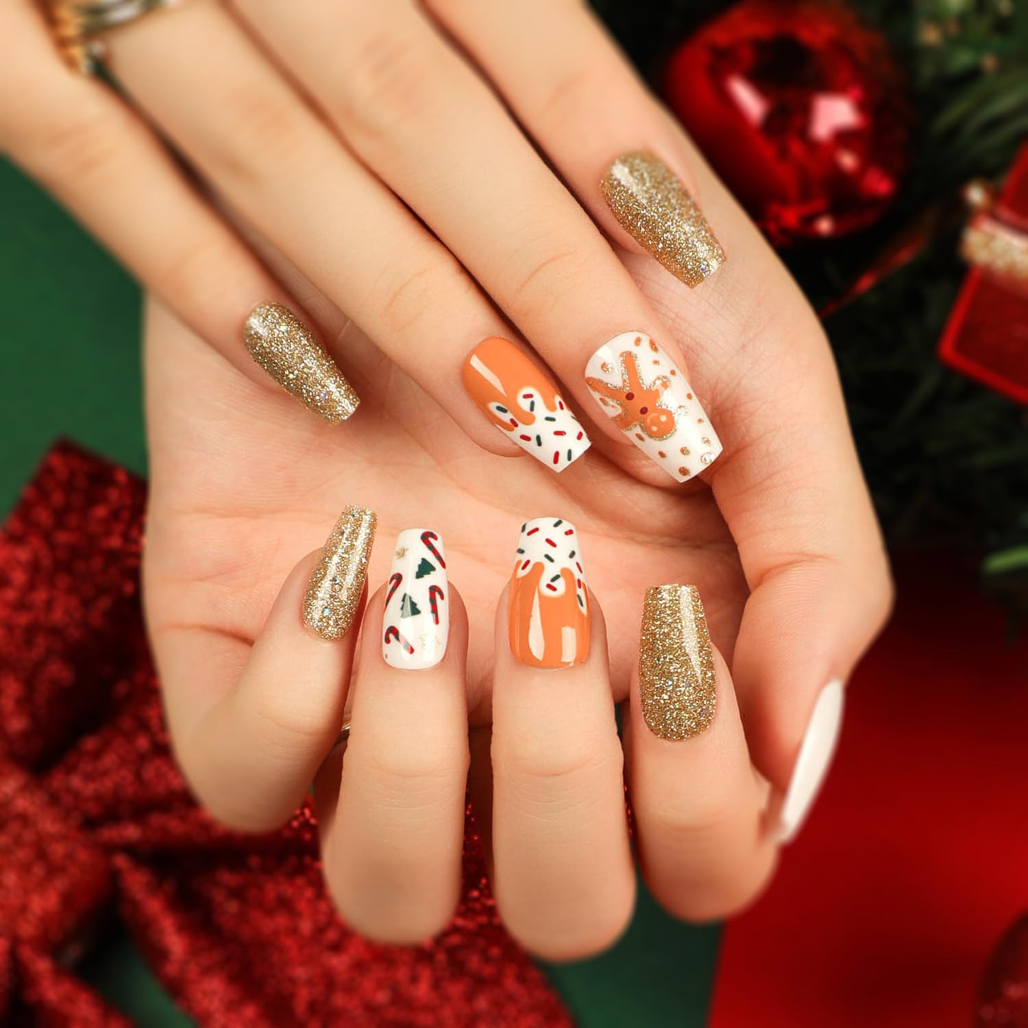 Christmas Press on Nails Coffin Medium, 24Pcs Gold Glitter Artificial Fake Nails