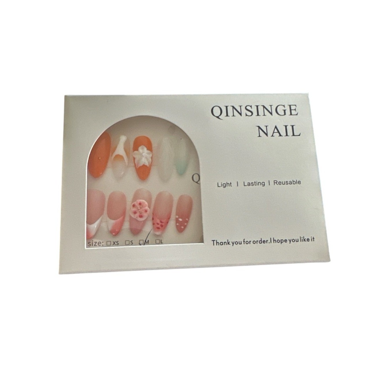 QINSINGE Studio 3D Floral Press On Nails Orange Pink Almond Reusable Size M
