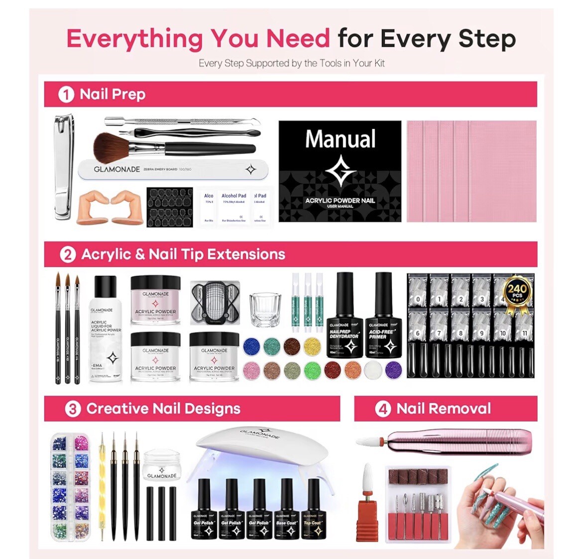 Glamonade Acrylic Nail Kit for Beginners: Professional Nail Set with Drill Acryl