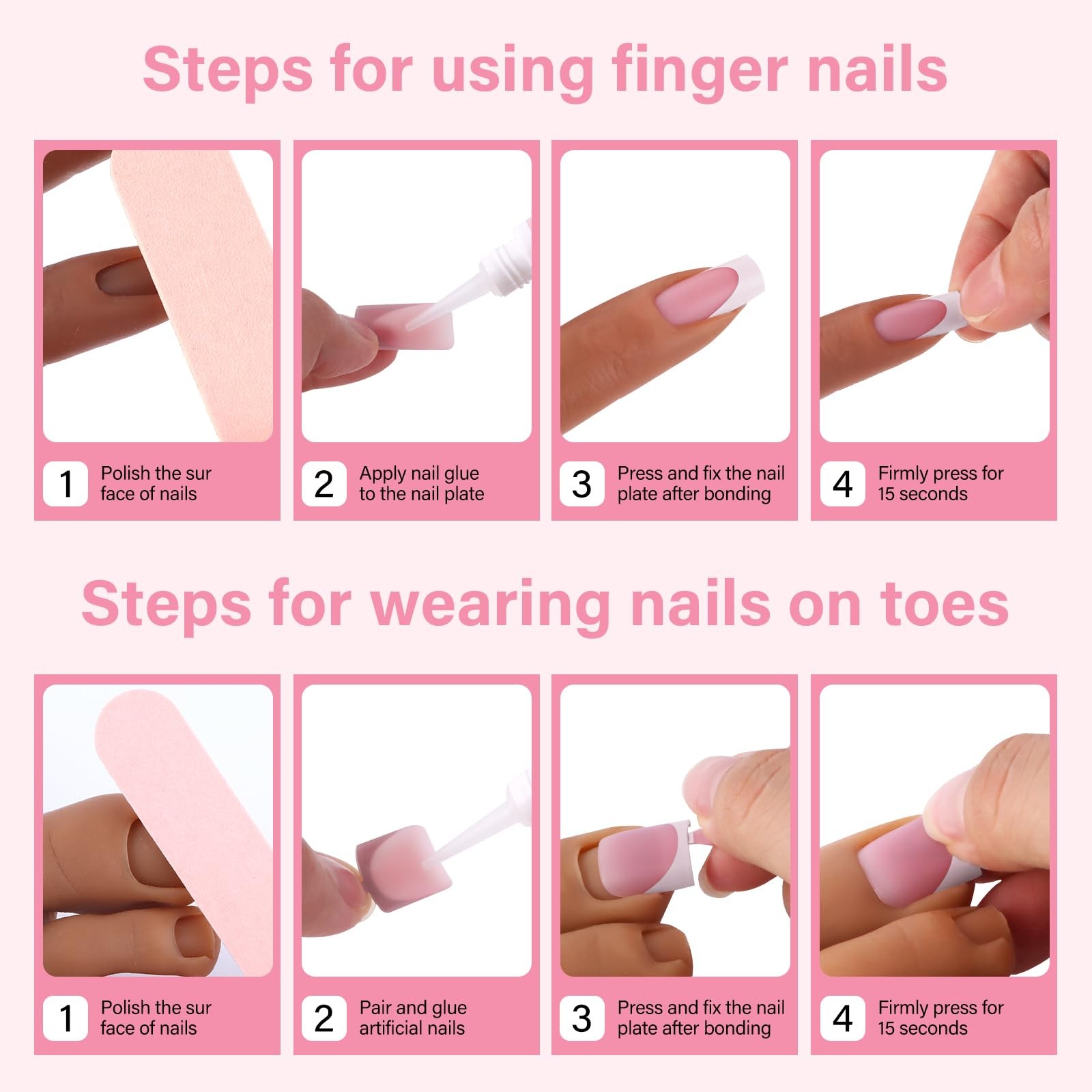 French Toe Nail Tips Set,120Pcs White Pink Full Cover Soft Square Tip Press o…