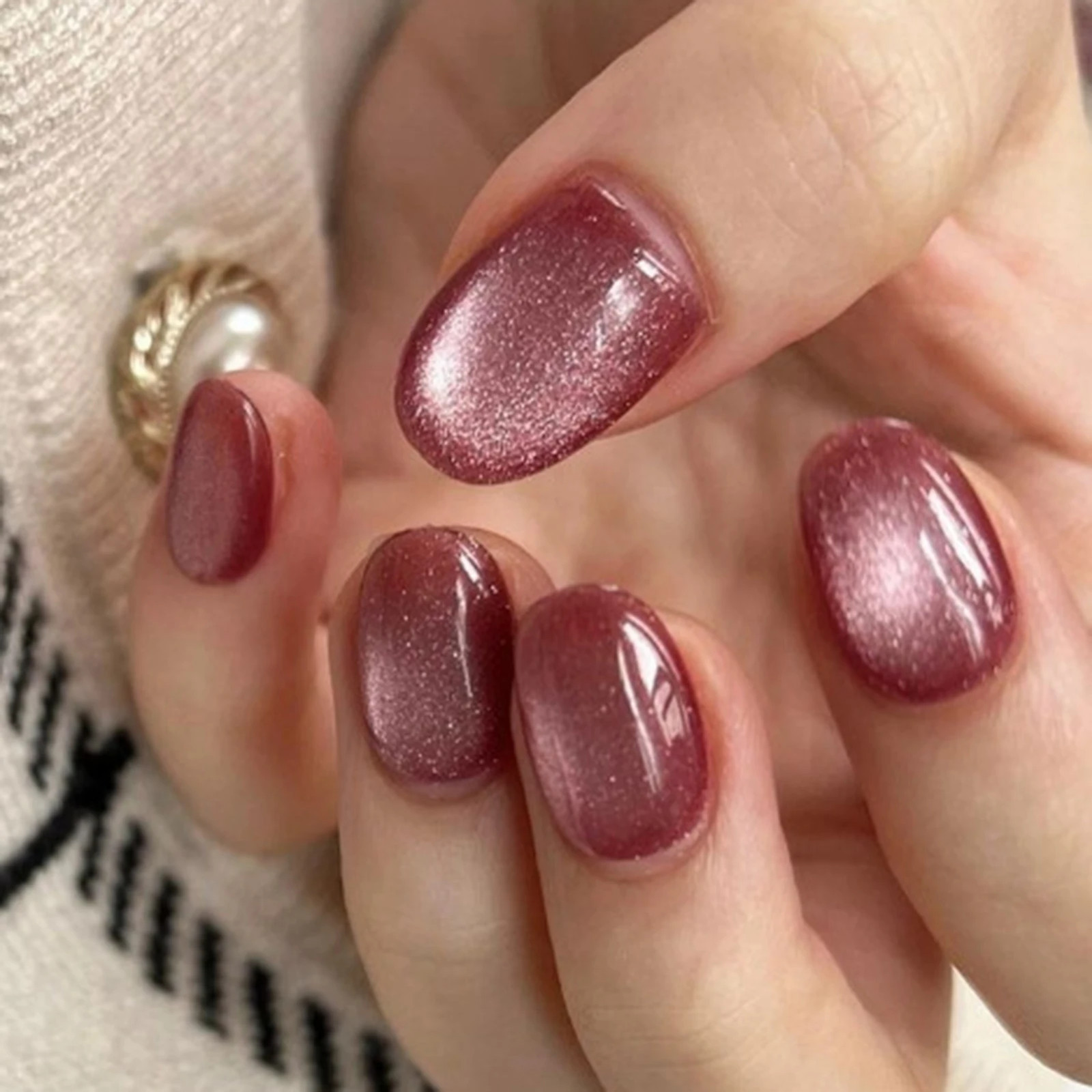 24pcs Pink Cat Eye Glitter Press On Nails With Jelly Glue