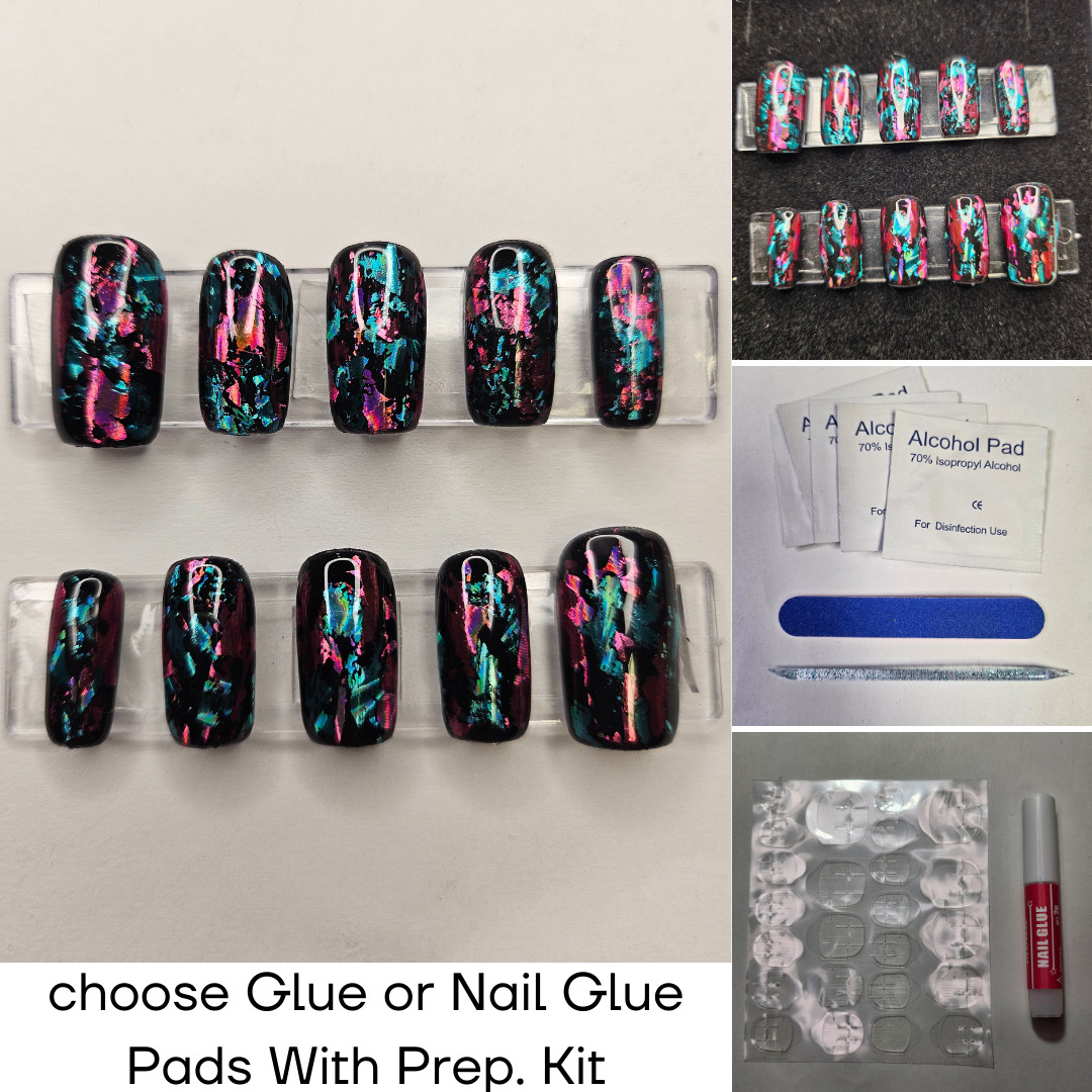 Hand Painted, Medium Square Press on nails – black w/ pink & teal foil