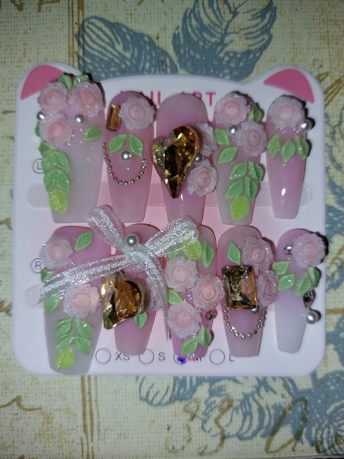 Handmade Press-On Nails Size Medium Pink With Roses Coffin Style 3-D