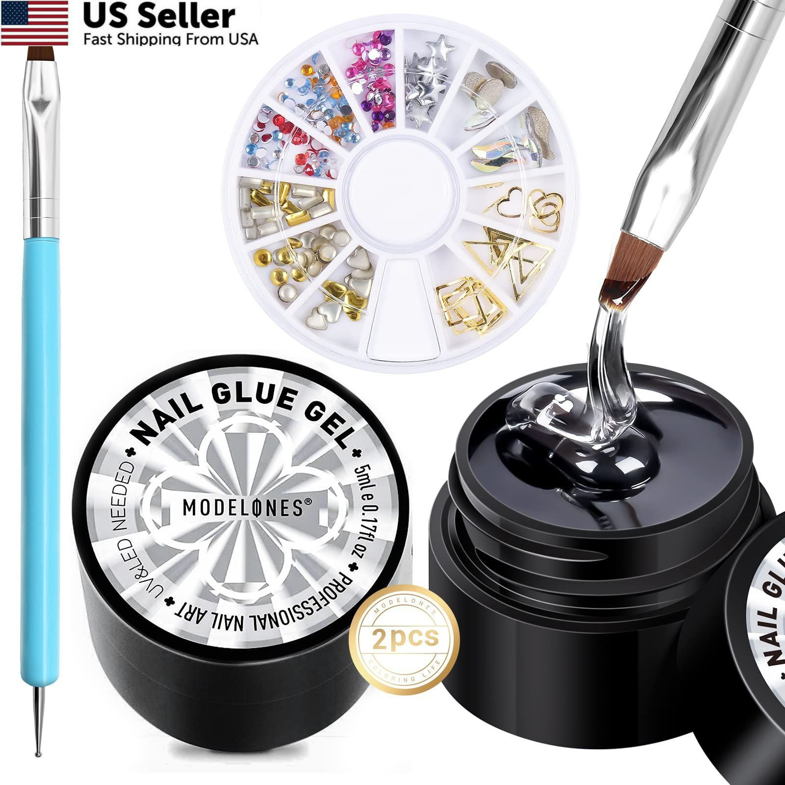 2x5ml Rhinestone Glue No Wipe Nail Gem Glue Super Strong Adhesive Charm Brush