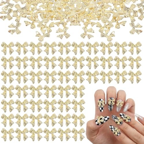 Mabor 80PCS Gold 3D Bow Nail Charms, Alloy Metal Bows for Nails, Shiny DIY