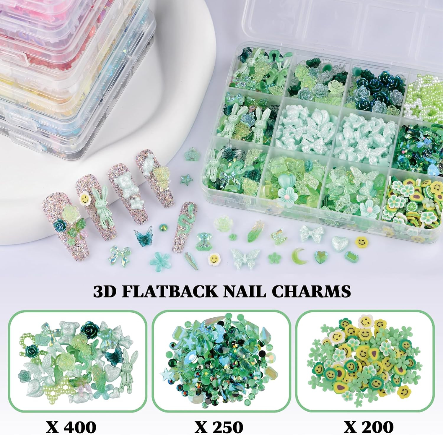 850 Pieces 3D Butterfly Rose Flower Bow Rabbit Bear Nail Charms Small, Green