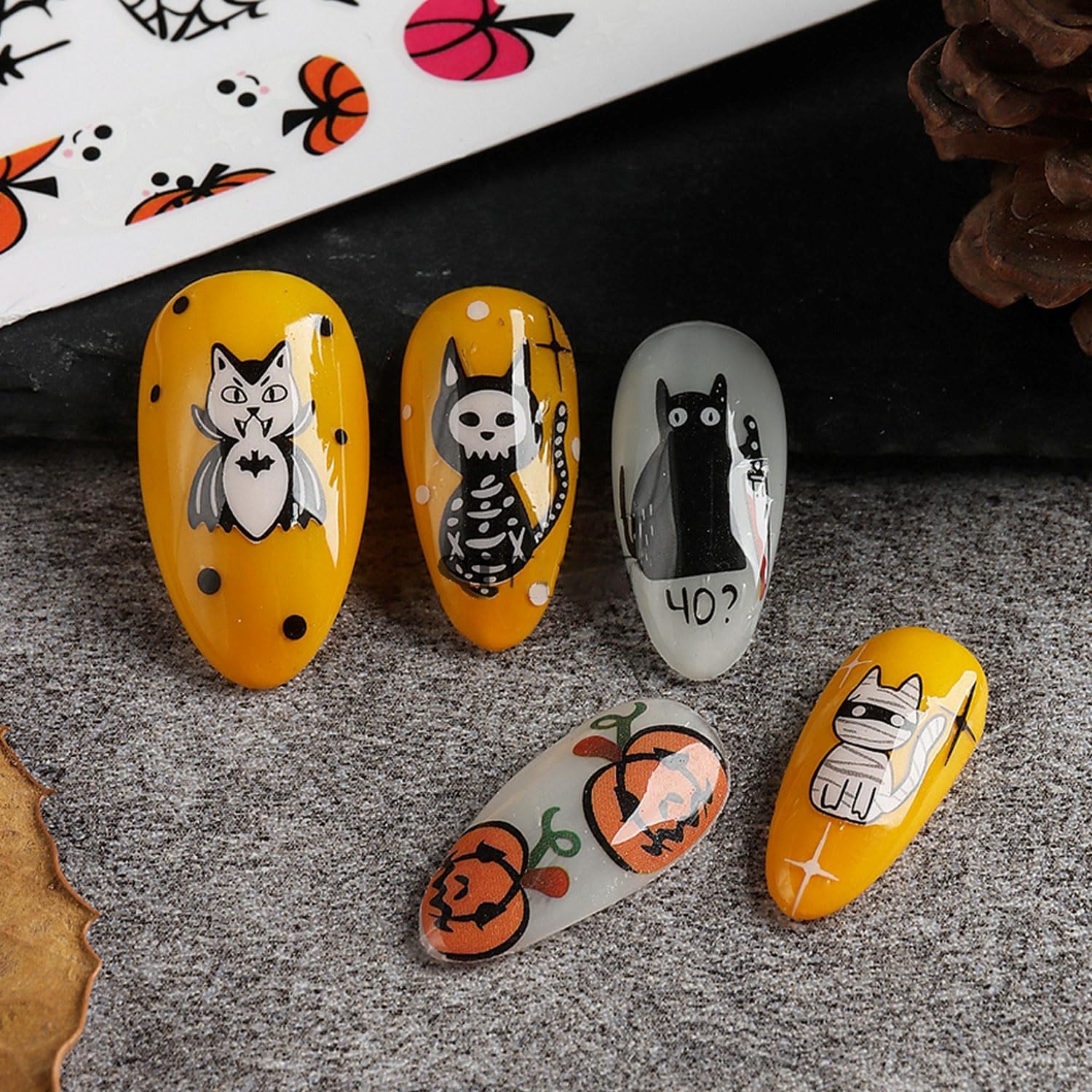Halloween Nail Sticker Pumpkin Nail Art Sticker Cute Cat Nail Decals Spider W…
