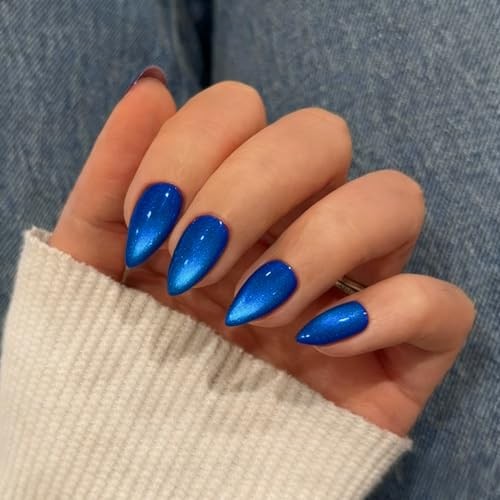 Almond – Cat Eye Press on Nails with Glue – Cateye Royal Blue