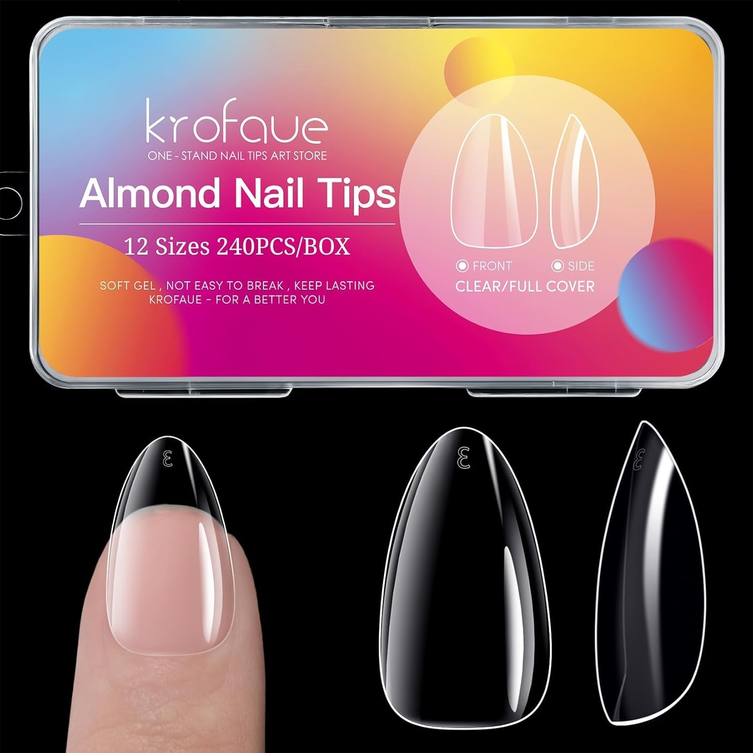 Almond Nails – 240Pcs Clear Fake Tips 12 Sizes Artificial Acrylic False Nails