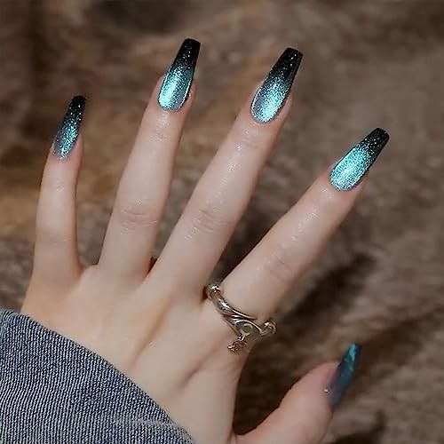 Glossy Press On Nails Long Coffin Blue Black Gradient Fake Nails for Women