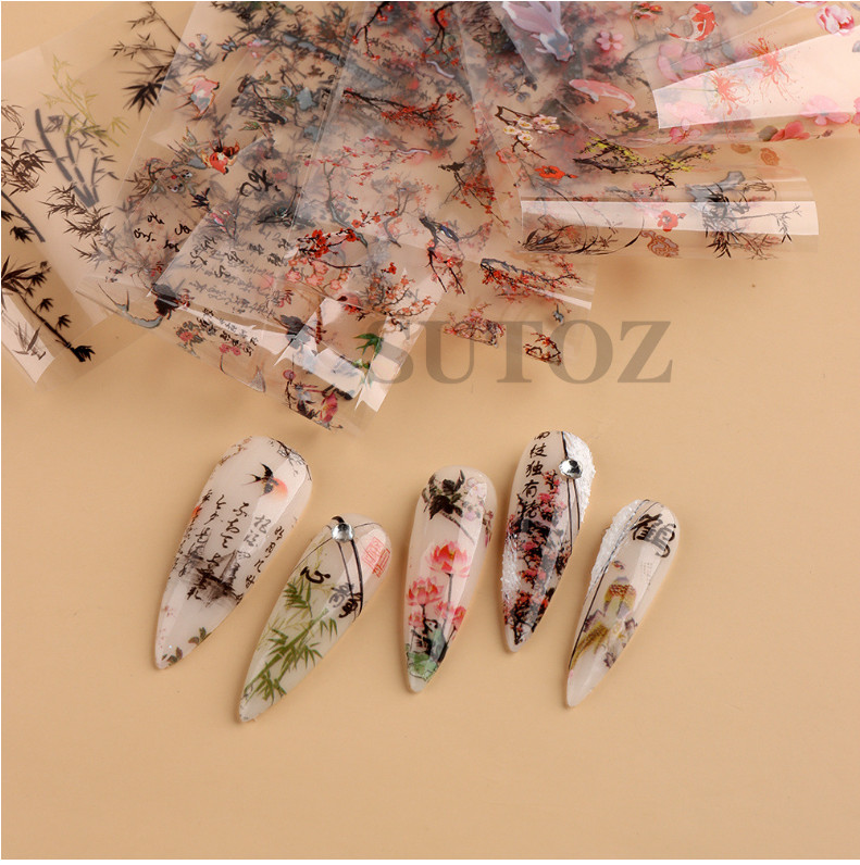 10Pcs Ink Asian Pictures Flower Nail Art Transfer Foil Sticker Manicure RTY NS54