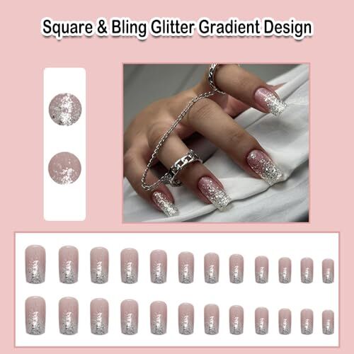 Square Press on Nails Short Medium Ombre White Glue on Nails with Bling