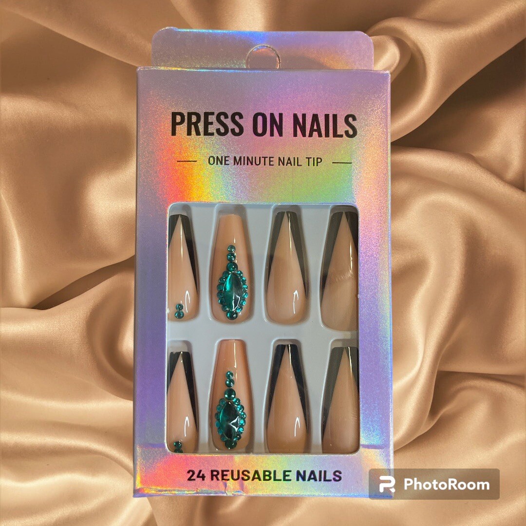 Emerald Green Black And Nude Press On Nails Medium Length Pre Designed
