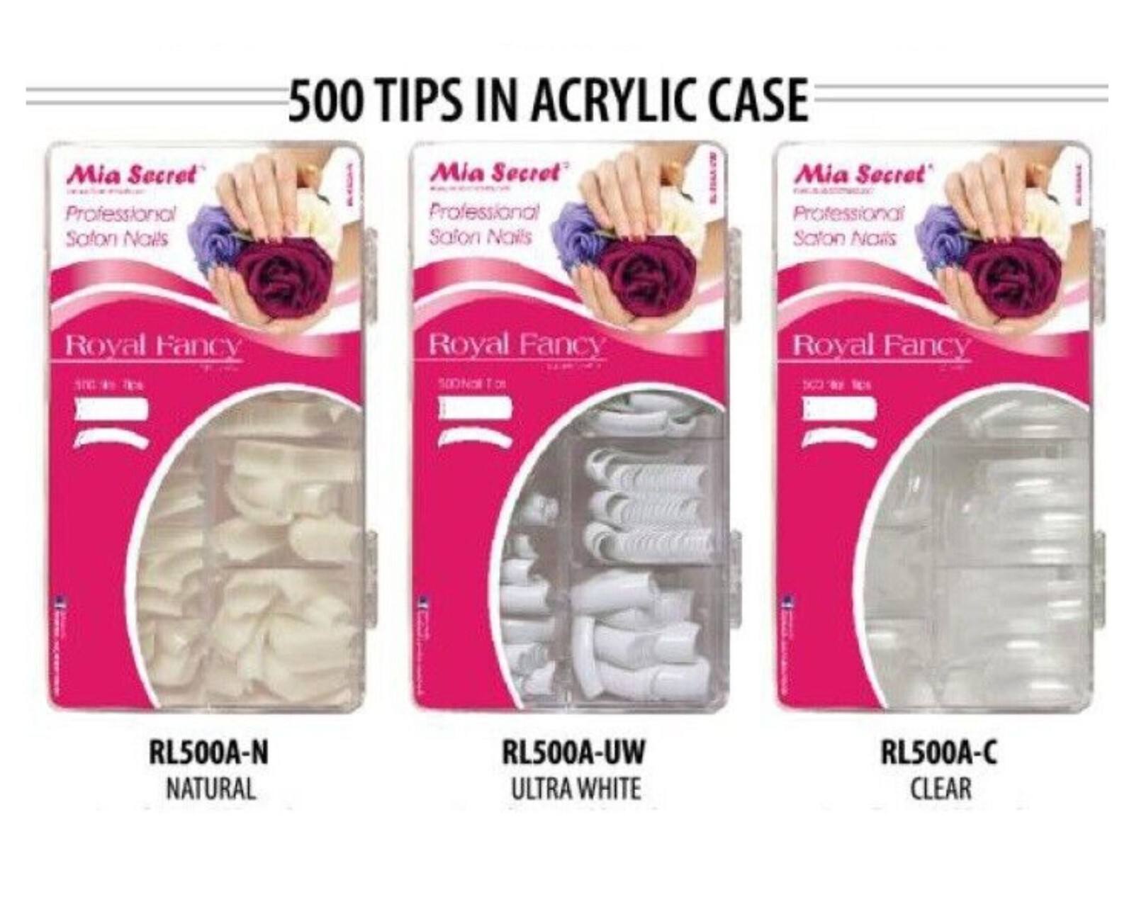 Mia Secret Royal Fancy (Clear, Ultra White, Natural 500 Nail Tips) Acrylic Case