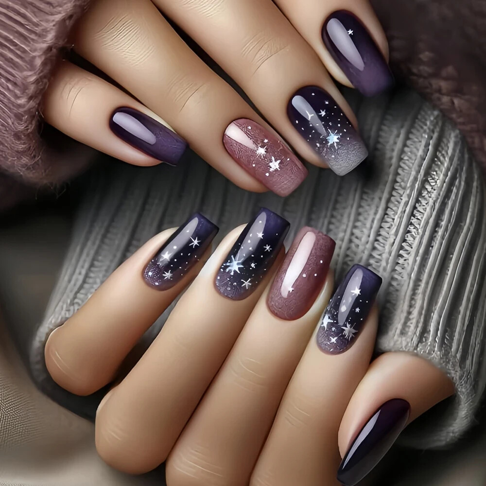 24pcs Purple Square Press-On Nails, Medium Length, Glossy, Starry Night, Galaxy