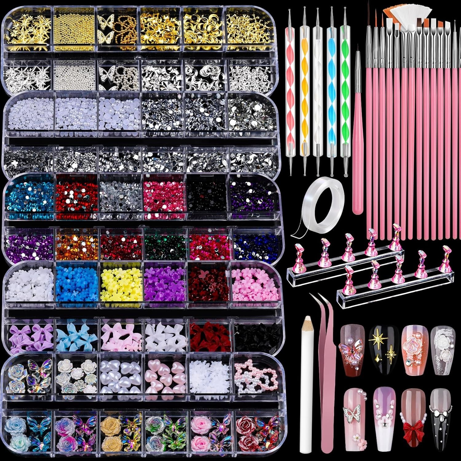 Nail Charms and Nail Art Tools Set, Nail Art Kit with 5 Boxes of 3D Nail Char…