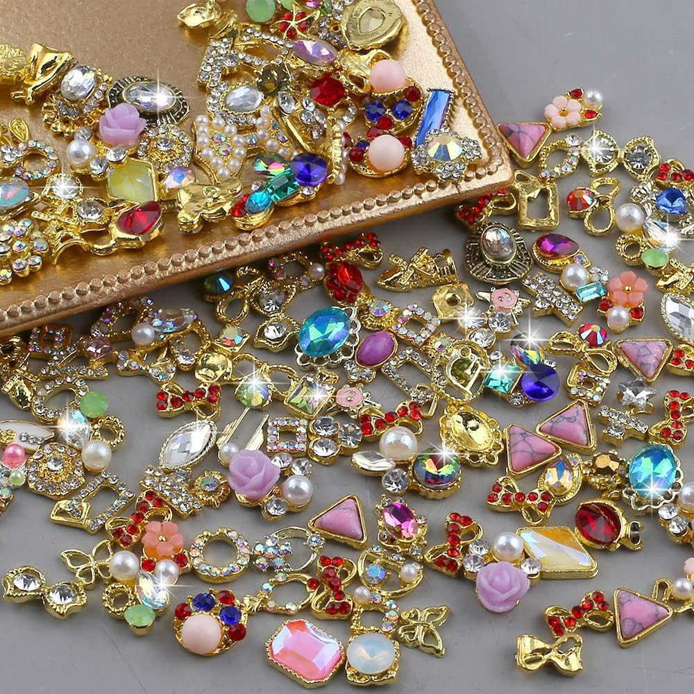 50Pcs 3D Gold Nail Charms for Acrylic Nails Mix Styles Rhinestones for Nails Met