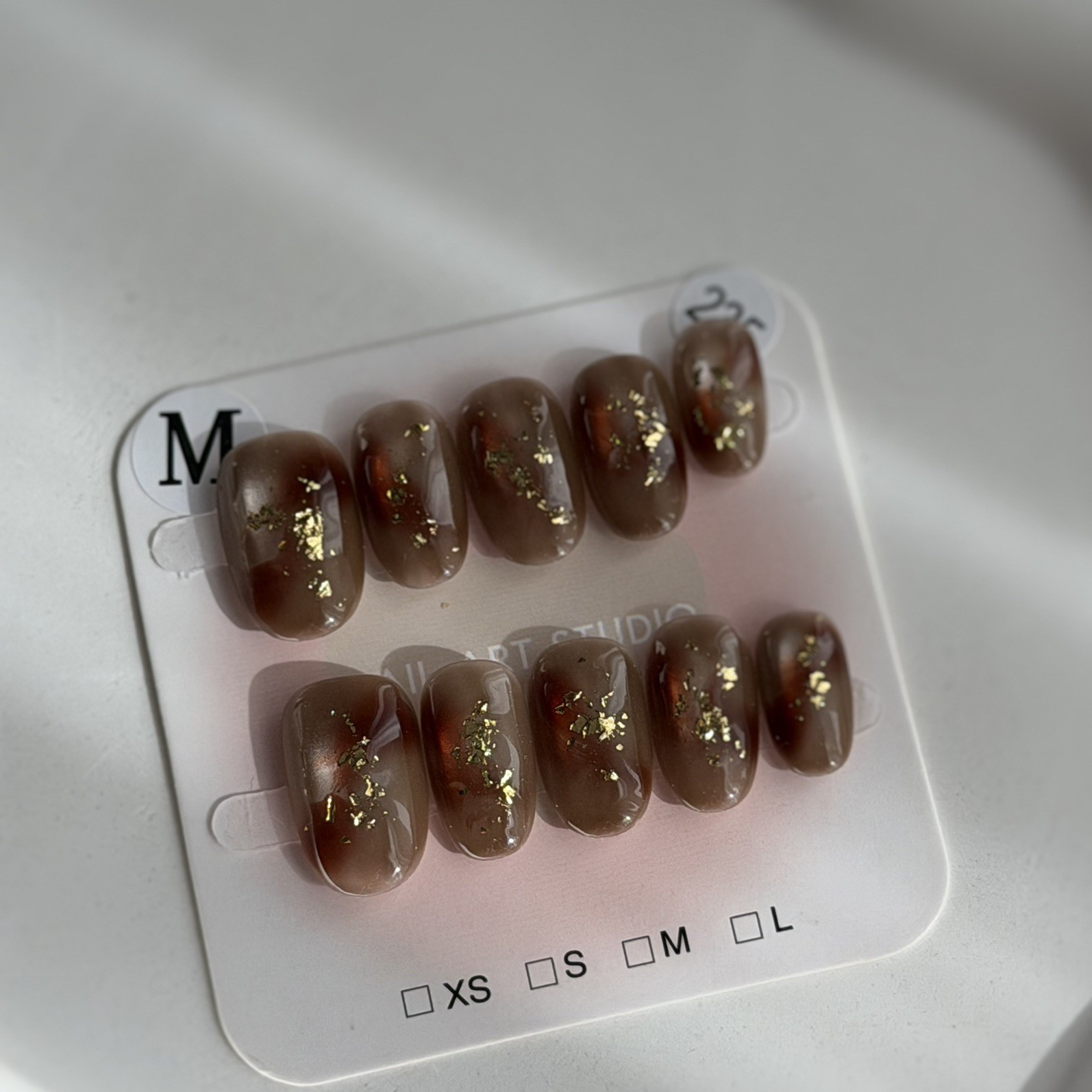 Handmade Red Brown Gold Foil Ombre Press-On Nails Short Oval Size M Reusable