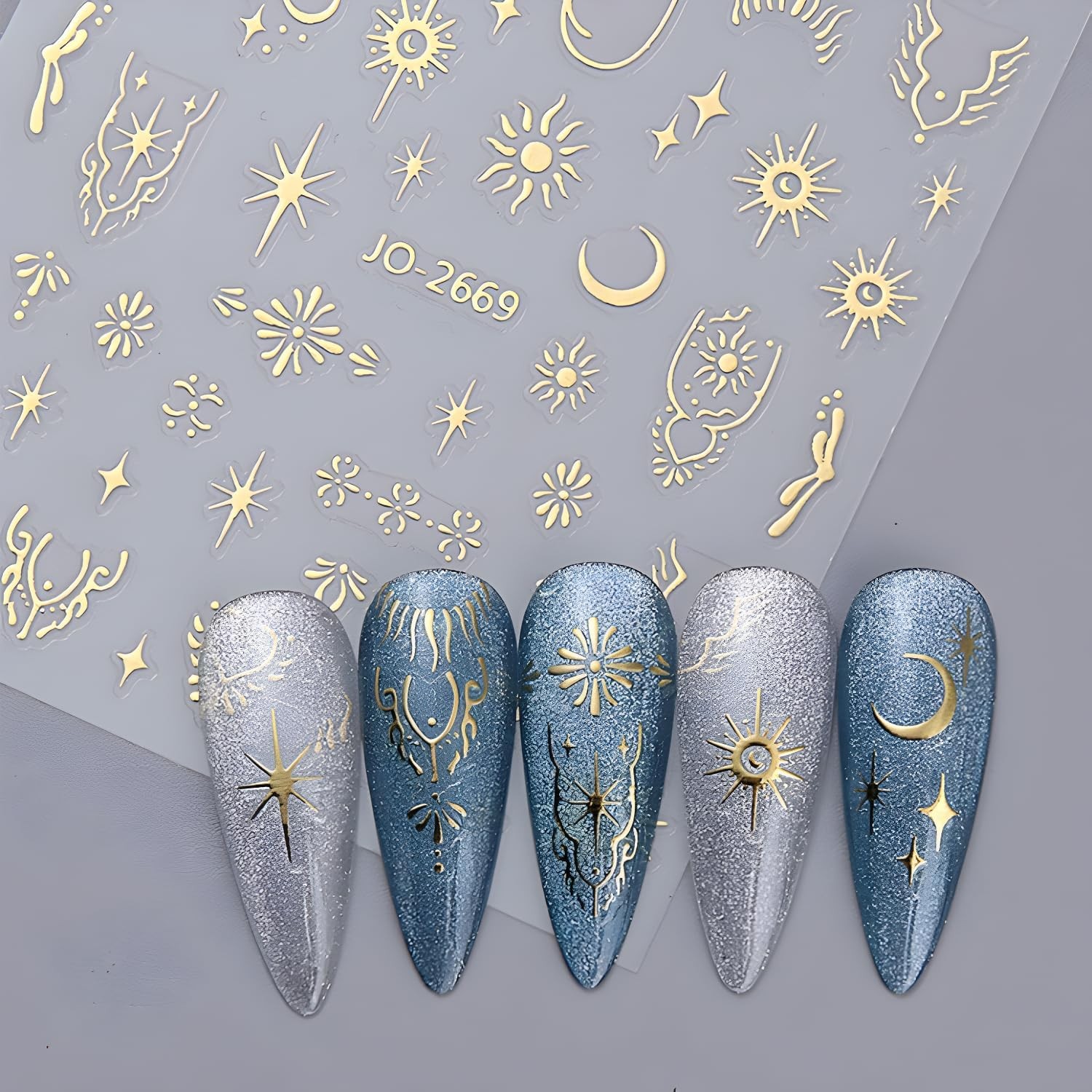 12 Sheets Silver Gold Moon Star Nail Art Stickers – 3D Self Gold Silver Star
