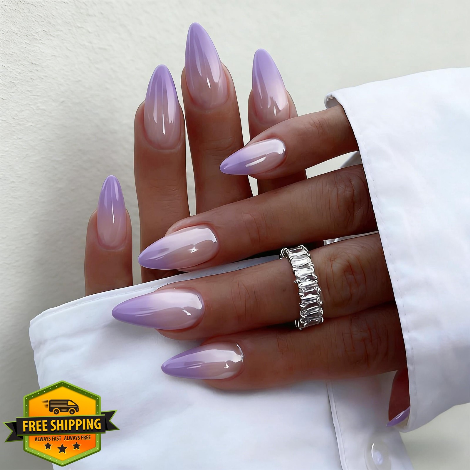 SXVME Chrome Ombre French Almond Fake Nails Wedding 24 Pcs