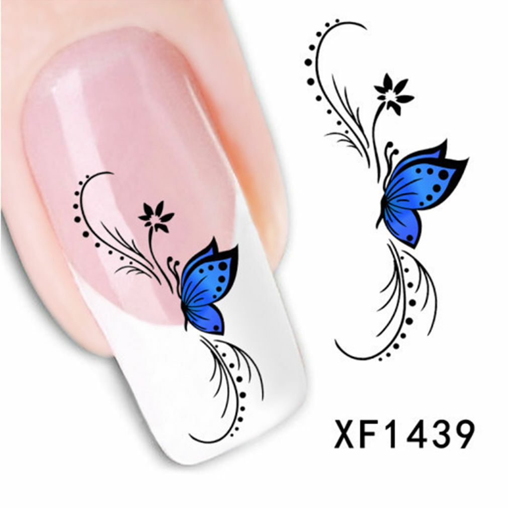Nail Art Water Transfer Sticker Decal Stickers Pretty Flowers Blue Black XF1439