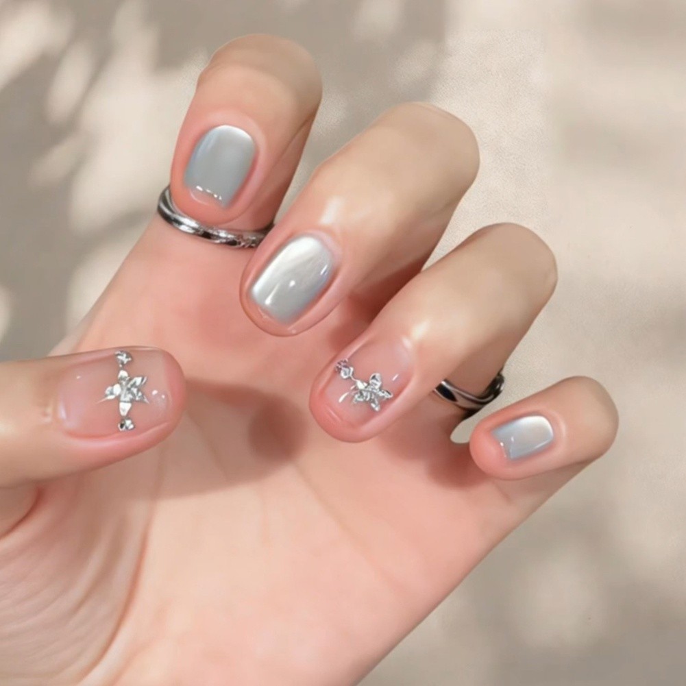 glitter gradient Glitter Flower Press On Nails Short Ballet Style Sweet Simple