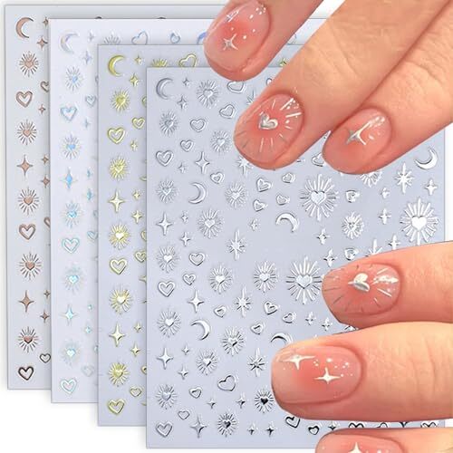 12pcs Aurora Silver Star Moon Nail Art Stickers 3D Star Nail Stickers for