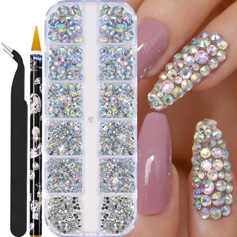 12 Grids Flat Back Pearl Beads 3D Nail Art Charms Rhinestones DIY Gems Jewels