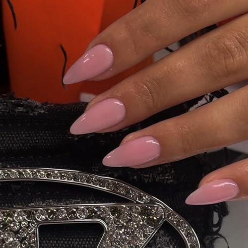 Rose Pink Press on Nails Medium Stiletto Almond, Glossy Press Glossy Rose Pink